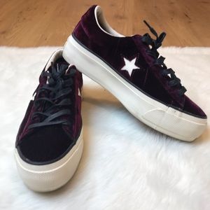 Maroon velvet platform converse